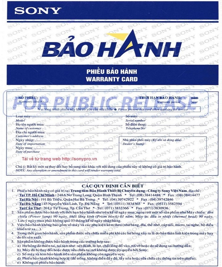 Phiếu bảo hành chính hãng của Sony