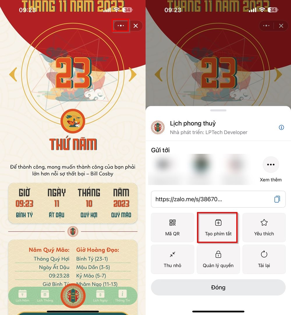 Cách xem lịch phong thuỷ trên Zalo 3