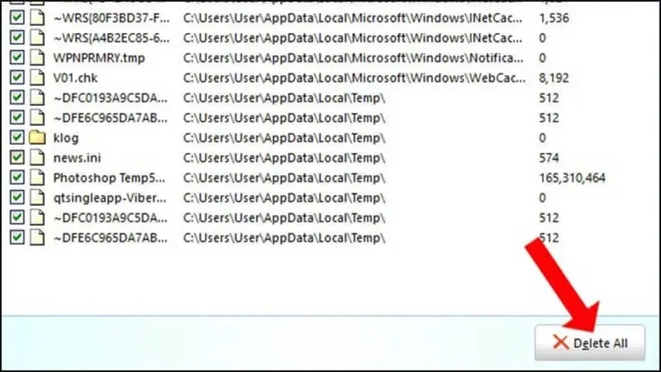 Chọn Delete All để xóa toàn bộ file rác