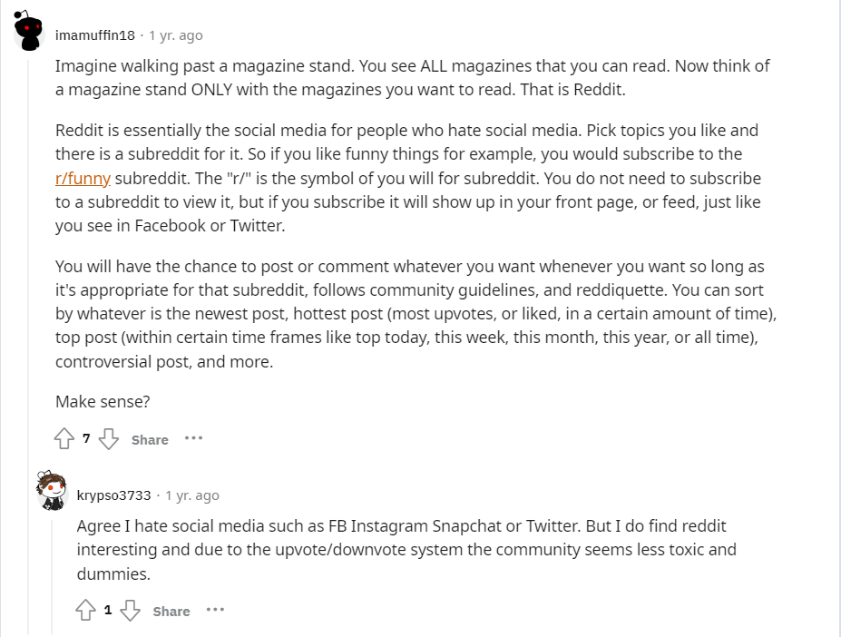 Câu trả lời hóm hỉnh của người dùng u/imamuffin18 về một bài đăng hỏi về "Reddit là gì".