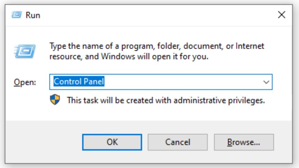 Nhập Control Panel và nhấn OK