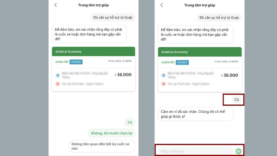 Nhắn tin trực tiếp với đội ngũ Grab