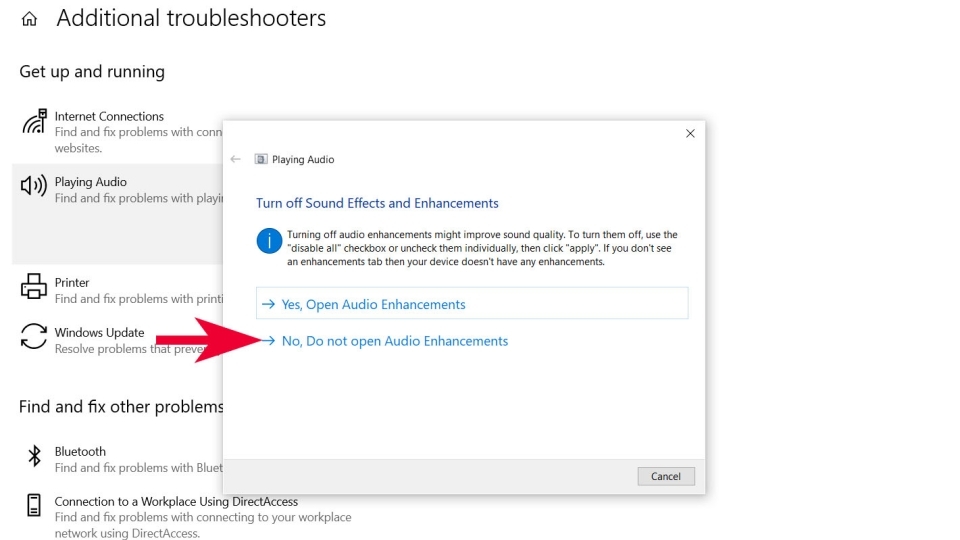 Nhấn chọn No, Do not open Audio Enhancements khi bảng thông tin đã hiển thị