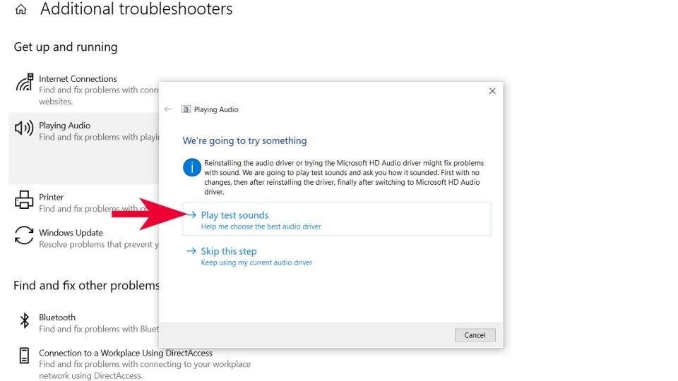 Chọn Play test sounds để xử lý lỗi máy tính không nhận tai nghe