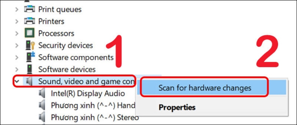 Nhấn chọn Scan for hardware changes trong Sound, video and game controllers