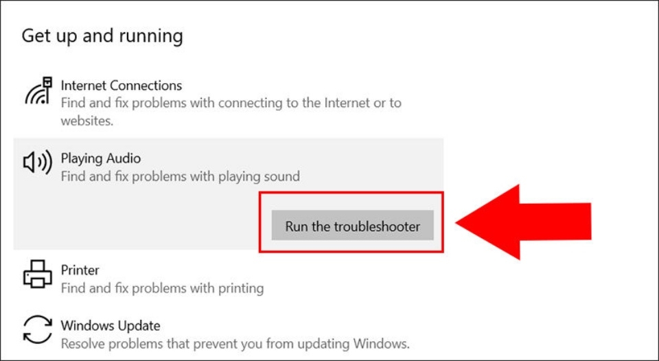 Vào Playing Audio > Run the troubleshooter để xử lý khi tai nghe phải khởi động lại máy mới nhận