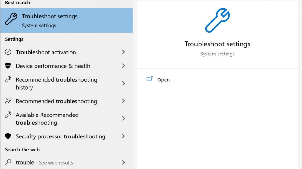 Tìm kiếm Troubleshoot trên Windows và chọn Troubleshoot settings
