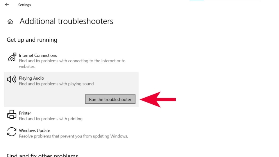 Điều chỉnh lỗi âm thanh bằng Additional Troubleshootes