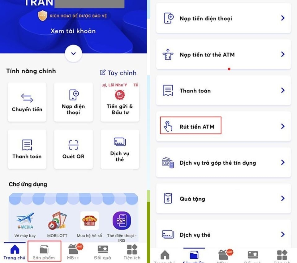 Chọn mục “Sản phẩm” và tiếp tục chọn “Rút tiền ATM”.