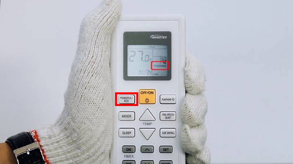 Màn hình hiển thị sau khi nhấn nút Powerfull/Eco