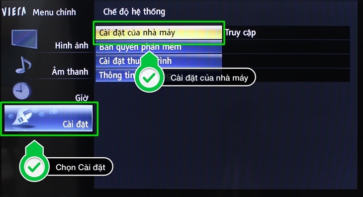 Chọn Cài đặt nhà máy và nhấn nút OK 2 lần