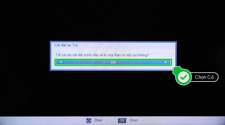 Chọn Có để xác nhận reset tivi Toshiba