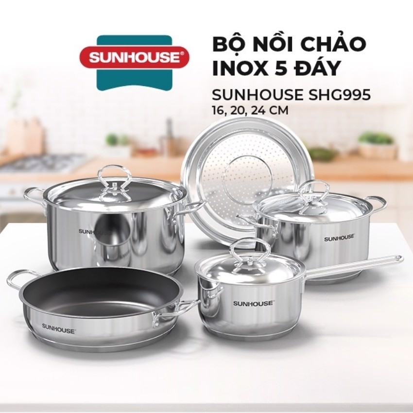 Bộ nồi inox Sunhouse luôn được đánh giá cao bởi thiết kế bắt mắt và độ bền tốt theo thời gian