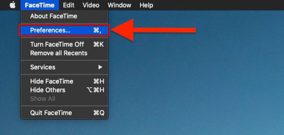 Vào Facetime, chọn Preferences