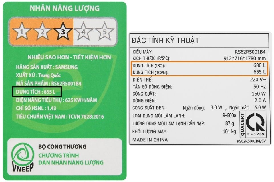 Bảng thông số kỹ thuật tủ lạnh