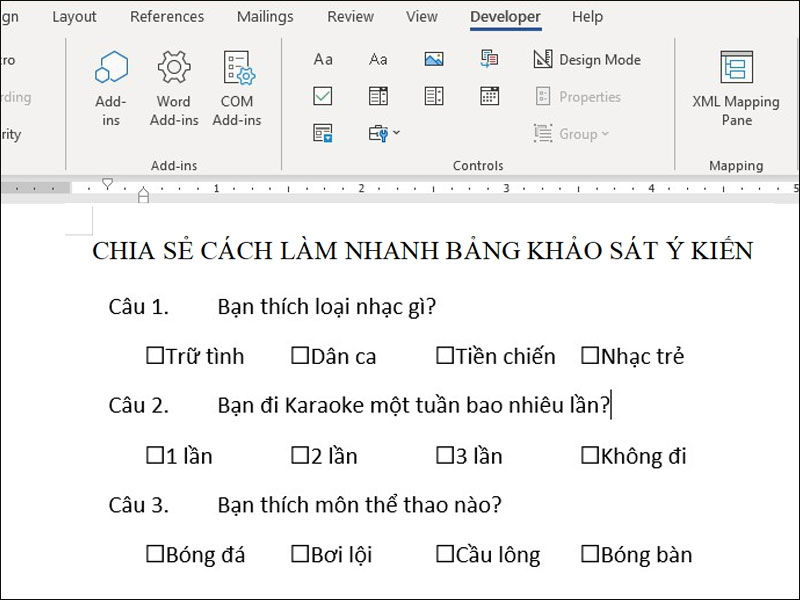 Cách làm phiếu khảo sát Word
