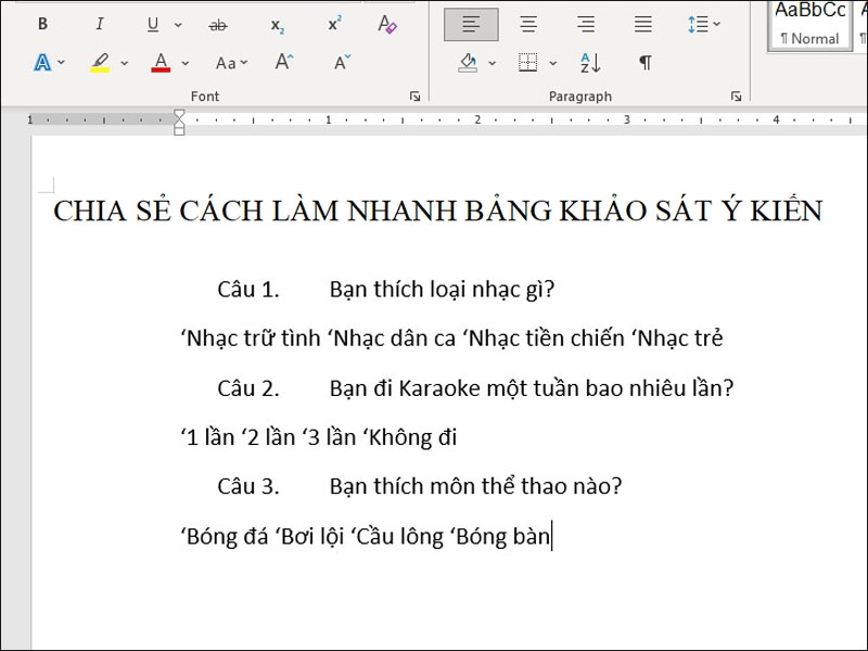 Cách làm phiếu khảo sát Word 10