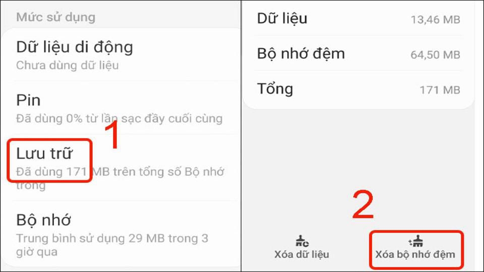 Người dùng truy cập vào Lưu trữ và xóa bộ nhớ đệm