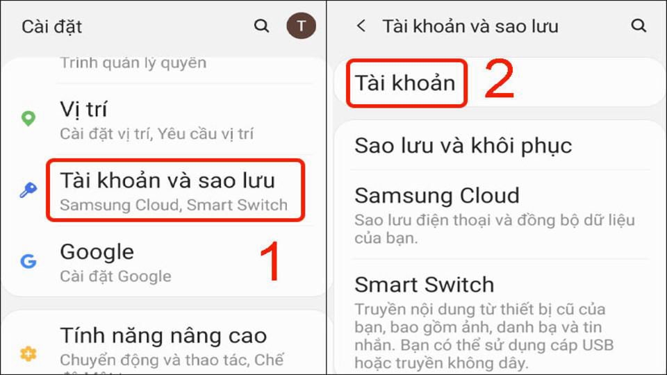 Vào Tài khoản và sao lưu trong cài đặt