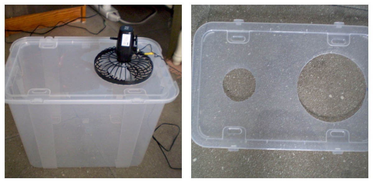 Đặt quạt điện, ống chữ L trên bề mặt thùng xốp và cắt theo hình dạng đó