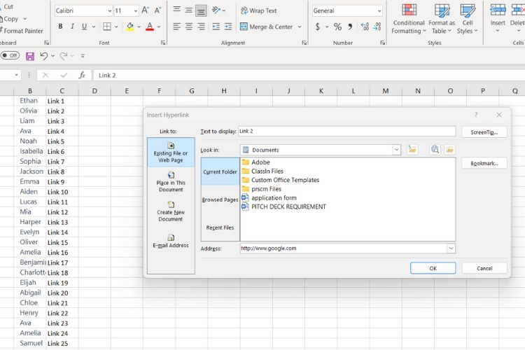 chèn link vào excel 2