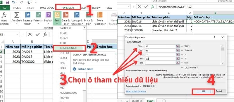 Lấy công thức hàm CONCATENATE từ tab chức năng&nbsp;FOMULAS trên Thanh công cụ Ribbon
