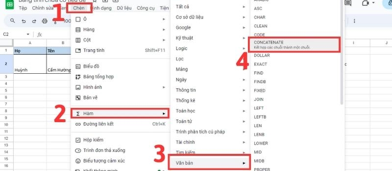 Cách sử dụng hàm CONCATENATE trong Google Sheets