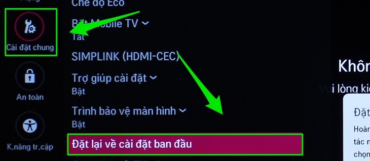 Chọn đặt lại về cài đặt ban đầu