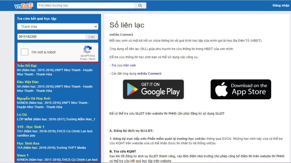 Lựa chọn thông tin trùng khớp với học sinh
