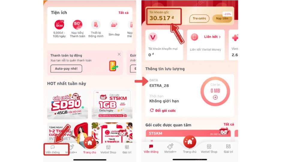 Ứng dụng tiện ích My Viettel để kiểm tra tài khoản