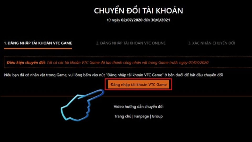 Nhấn đăng nhập tài khoản VTC Game