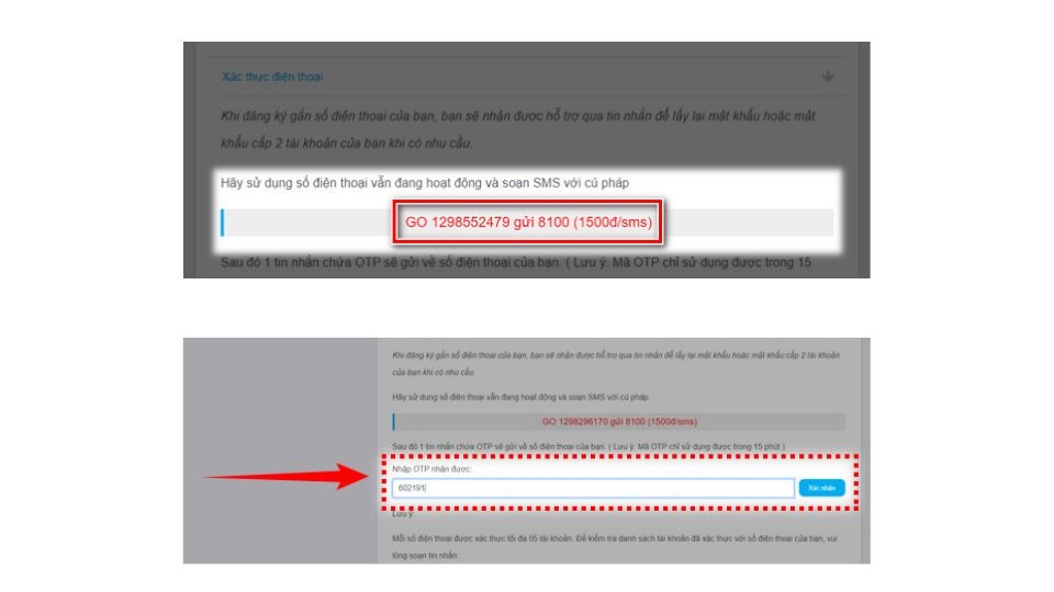 Nhắn tin theo cú pháp và chờ mã OTP để xác nhận