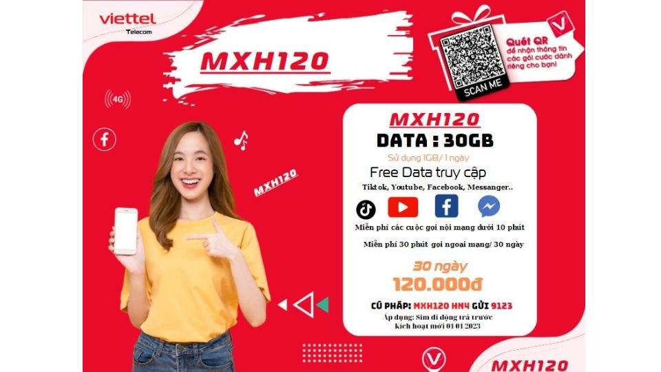 Gói cước MXH120 miễn phí 30 phút cuộc gọi ngoại mạng/ 30 ngày