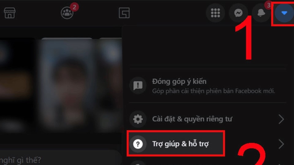 Bấm vào “menu Facebook” trên máy tính > Bấm chọn “Trợ giúp & hỗ trợ”.