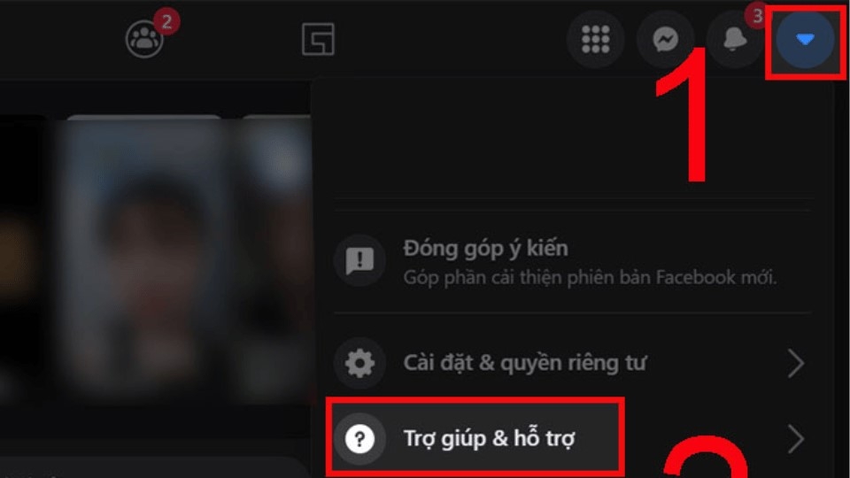 Bạn vào “menu Facebook”trên máy tính > Bấm chọn mục “Trợ giúp & hỗ trợ”.