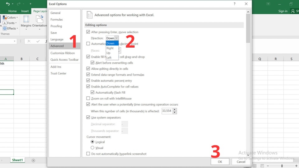  Chọn vào Advanced, kế tiếp chọn After Pressing Enter, move Selection 