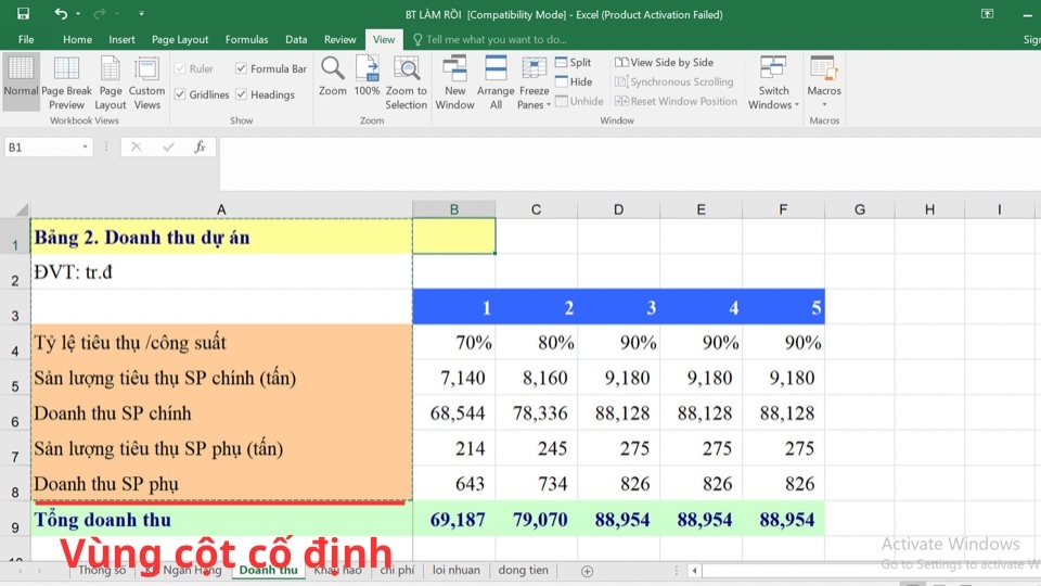 Chọn vùng cột mà bạn muốn cố định