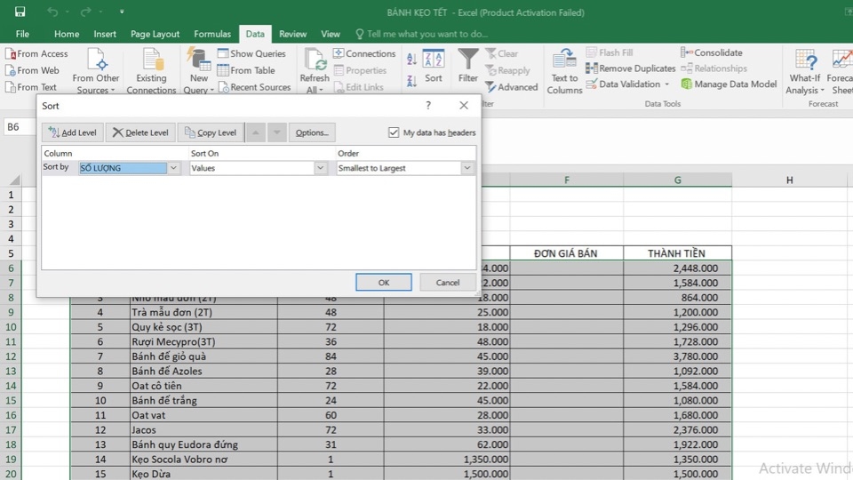 Từ thanh công cụ chọn Data => Chọn Sort