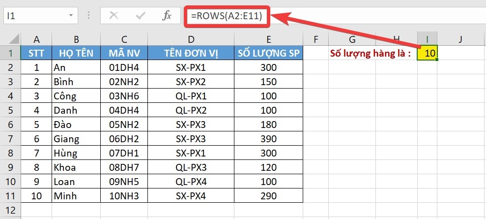 Hướng dẫn sử dụng hàm ROWS trong Excel đơn giản và dễ hiểu 1