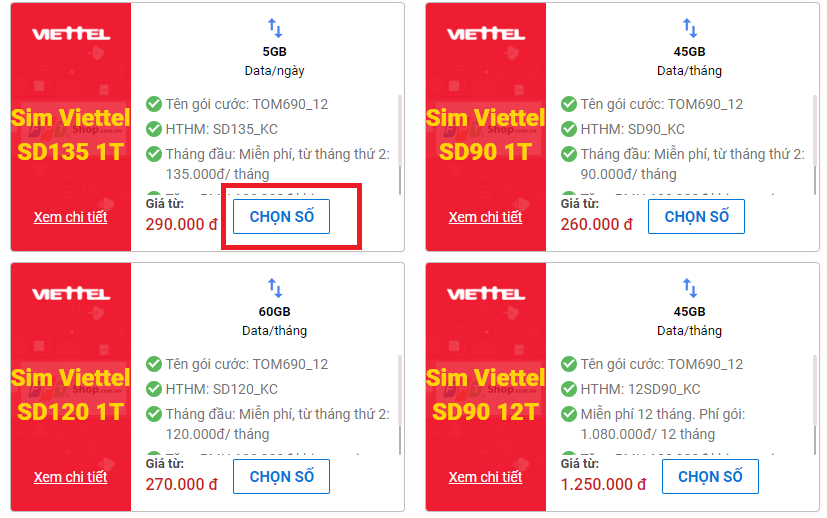 Bạn chọn gói SIM phù hợp và nhấn Chọn số.