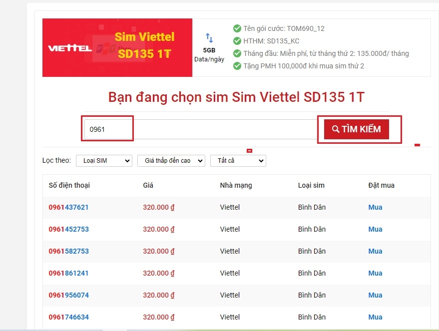 Bước 3: Ngay chỗ ô tìm kiếm, tìm 0961 và chọn Tìm kiếm.