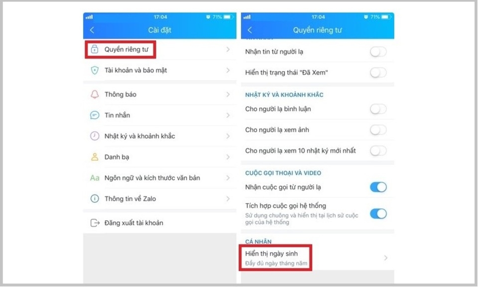 Nhấn chọn mục “Hiển thị ngày sinh”