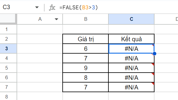 Cách sử dụng hàm FALSE trong Google Sheets (7)