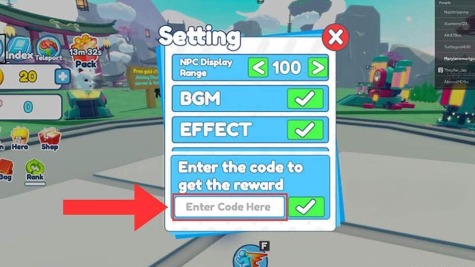 Nhập mã code Anime Catching Simulator vào khung
