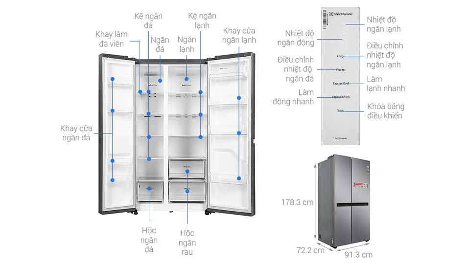 Kích thước tủ lạnh Side by side LG 649 lít