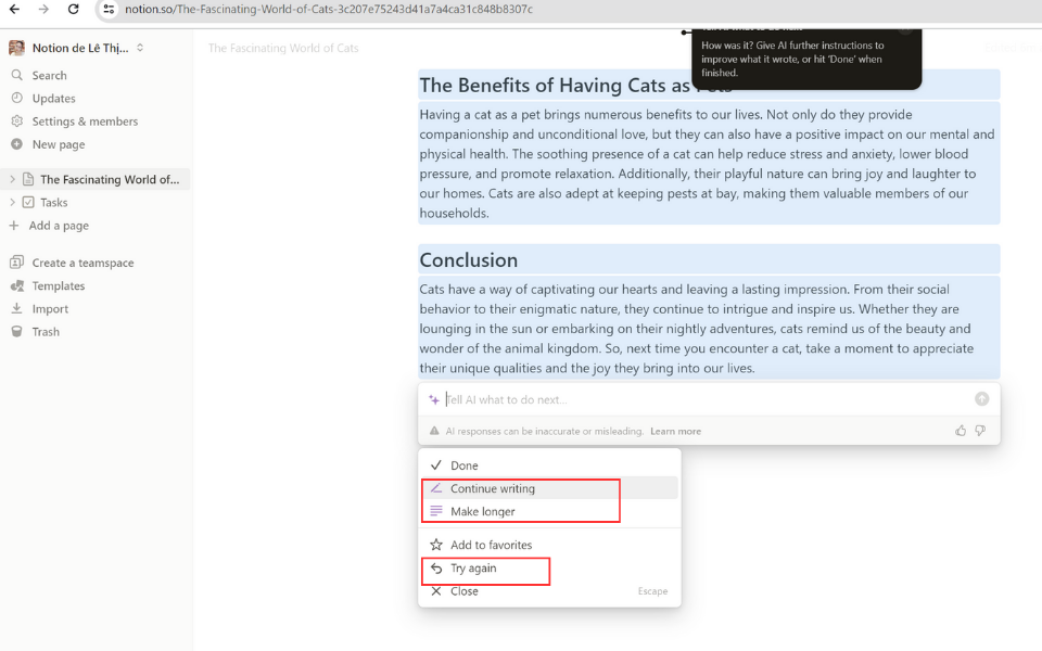 Nhấp vào "Continue Writing" để tiếp tục bổ sung nội dung