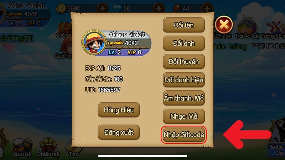 Chọn "Nhập Gifcode" để nhập mã