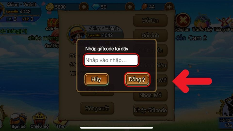 Nhập mã và nhấn đồng ý