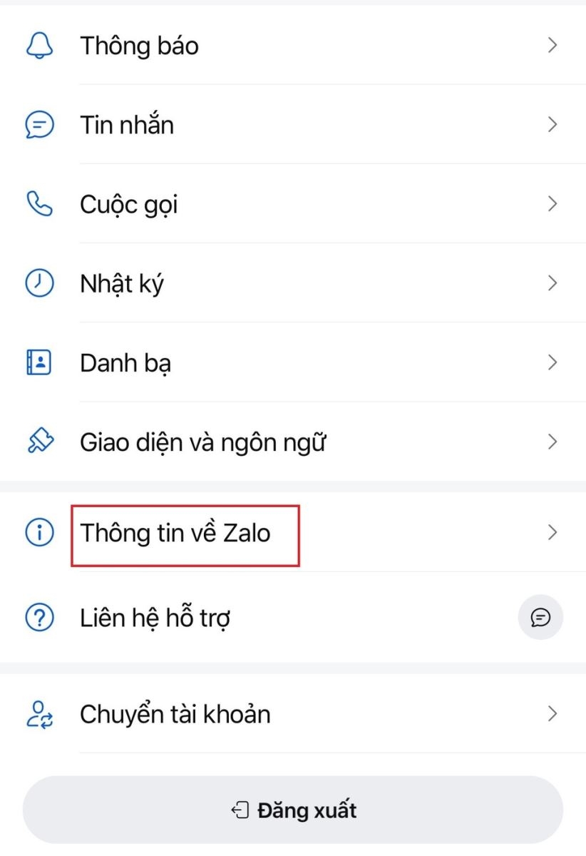 Chọn mục “Thông tin về Zalo”