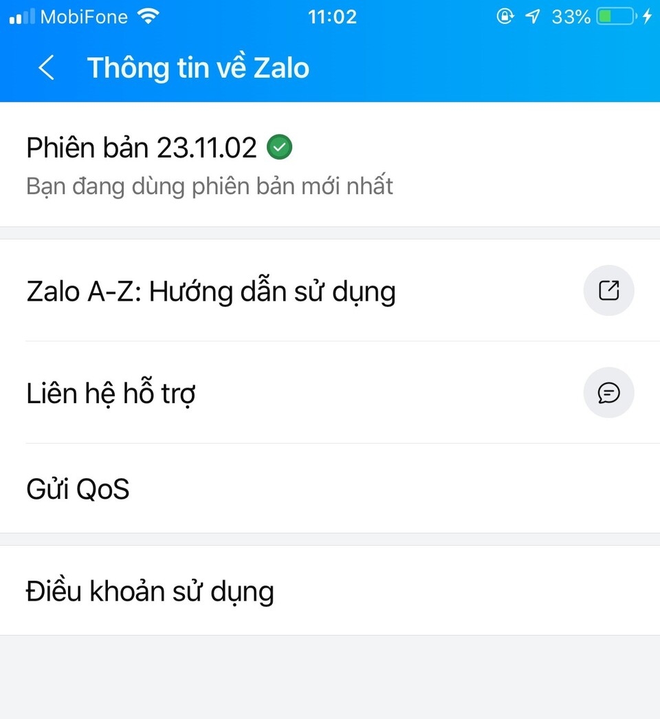 Thông tin phiên bản Zalo